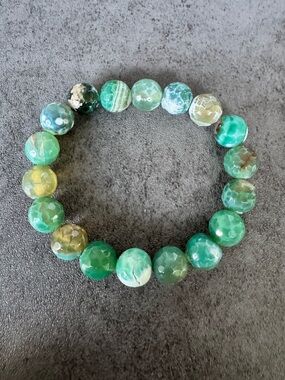 Faceted Green Moss Agate Bead Stretch Bracelet Handmade